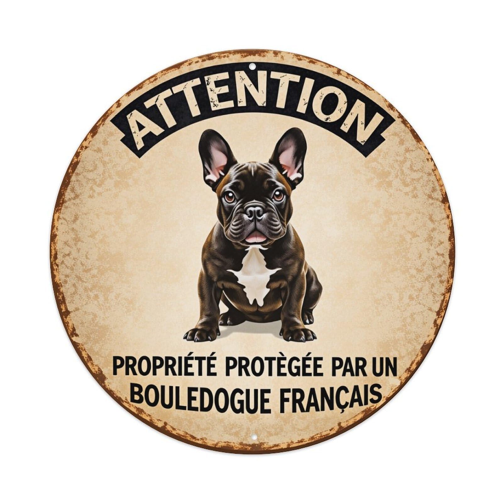 Attention French Bulldog Warning Sign Round Tin Sign Vintage Metal Poster, Home Bar Garage Man Cave Cafe Indoor & Outdoor Wall Decoration 8x8Inches