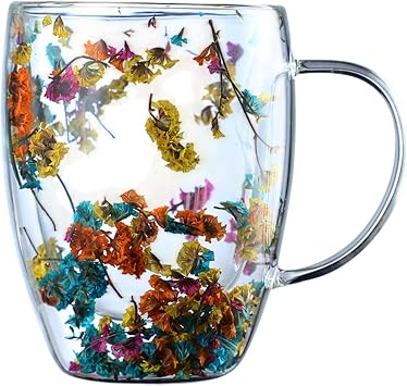 Floral Fusion Double Wall Glass Cups | Dried Flower Double Layer Glass,dried Flower Double Wall Glass Mugs With Handle,350ml Insulated Double Wall Glass Tea Espresso Cup