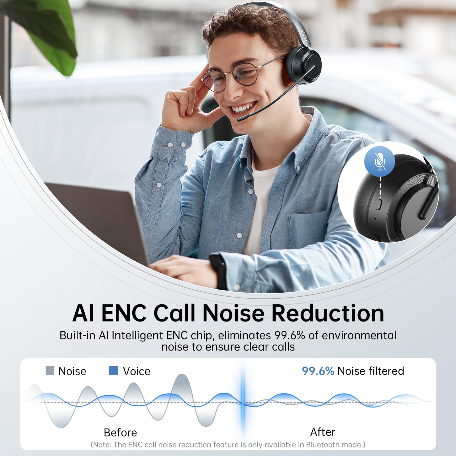 EKSA H35 Casque Bluetooth, Casque sans Fil avec Microphone, [25 Hrs D'autonomie&169g Ultra-Léger], Casque avec Réduction du Bruit par AI, Wireless Casque PC adapté Télétravail/Centre D'appels/Bureau