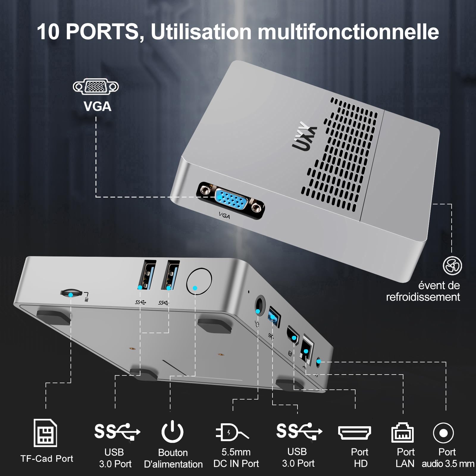 UXX Mini PC che supporta l'estensione SSD M.2 da 512 GB/2 TB, Celeron N3350 6 GB di RAM/64 GB eMMC Micro PC, Mini Computer Professionale 4K HD+VGA Doppio schermo, BT, WiFi, USB 3.0, LAN-Argento