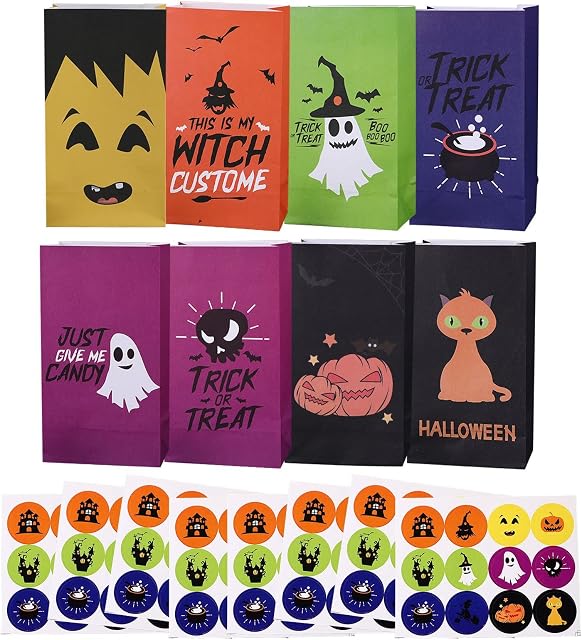 HBell Halloween Paper Bags Trick or Treat Bags,Treat Gift Bags, Party Favor Candy Bags with 64pcs Stickers for Halloween Party Favor,Party Decorations,Trick or Treating,Classrooms (64)