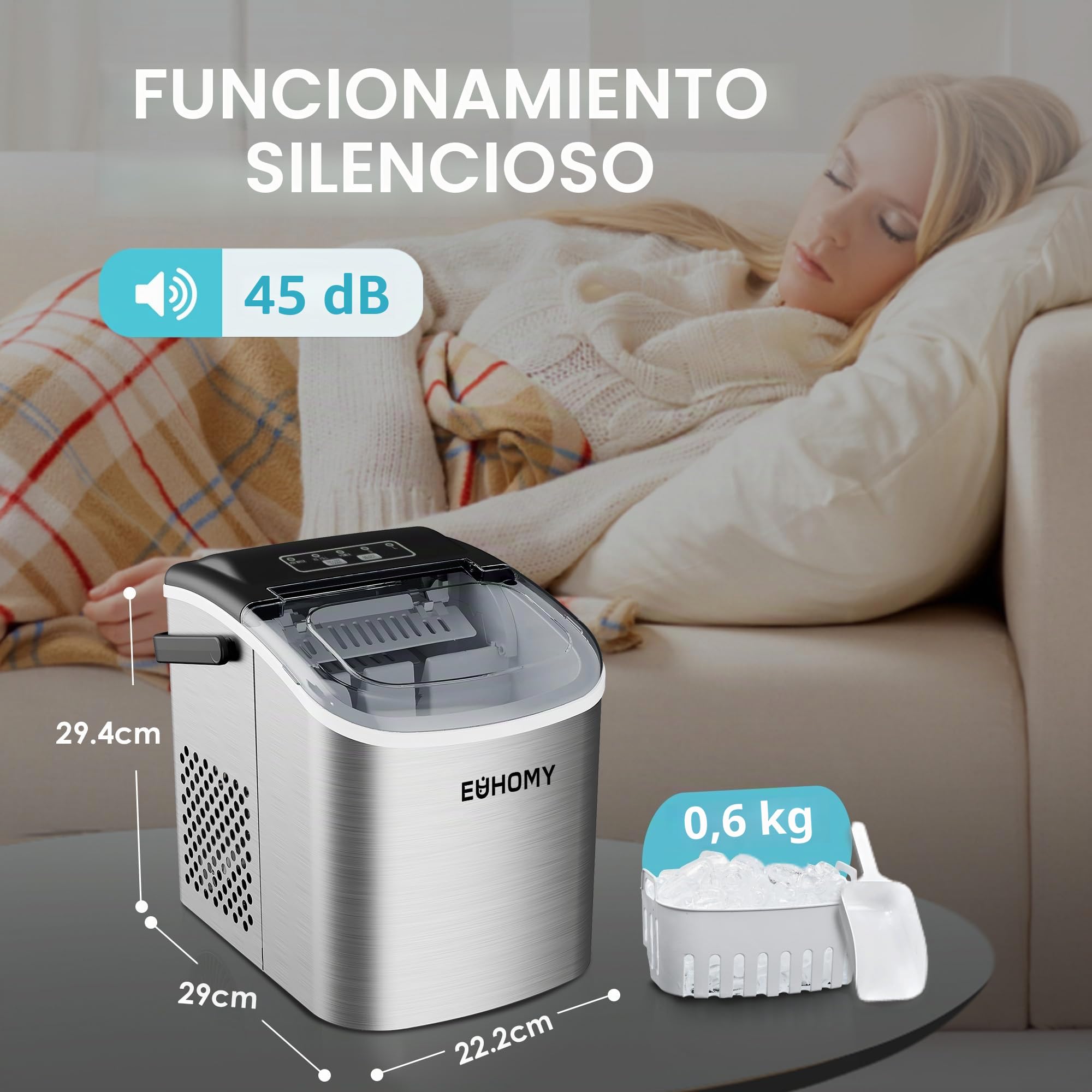 EUHOMY Máquina de cubitos de hielo de acero inoxidable, 24 cubitos de hielo en 13 minutos, 24 kg/24 h, máquina de hielo autolimpiable de 3,2 L con pala de hielo y cesta Gris