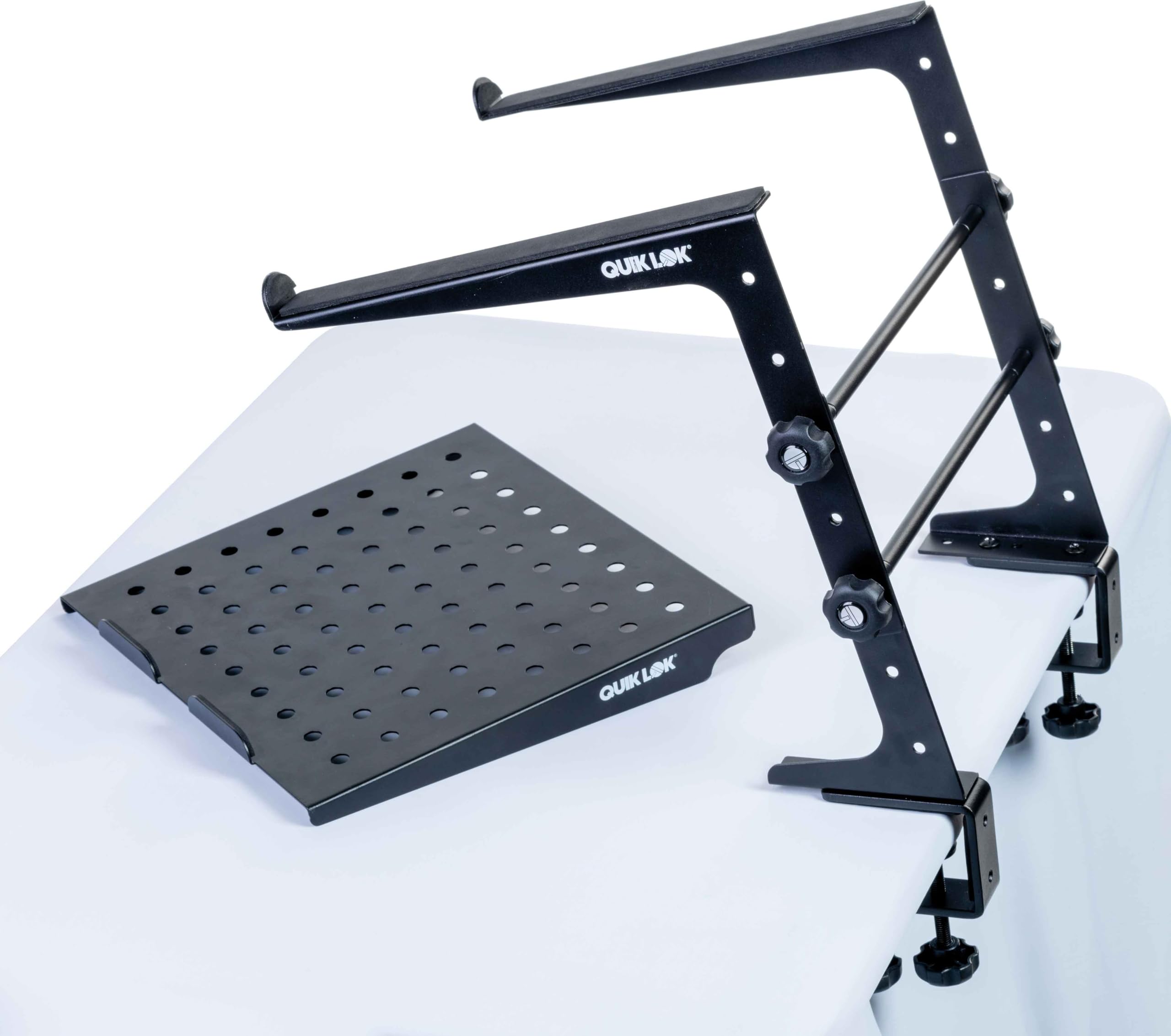 QUIK LOK - LPH/009 Multifunktionaler und Modularer Tischständer, Basis mit Platten 30,5 x 3 cm, Mit Gummistreifen, Zwei Klemmen Inklusive, Höhenverstellbar, Aus Stahl, Schwarz