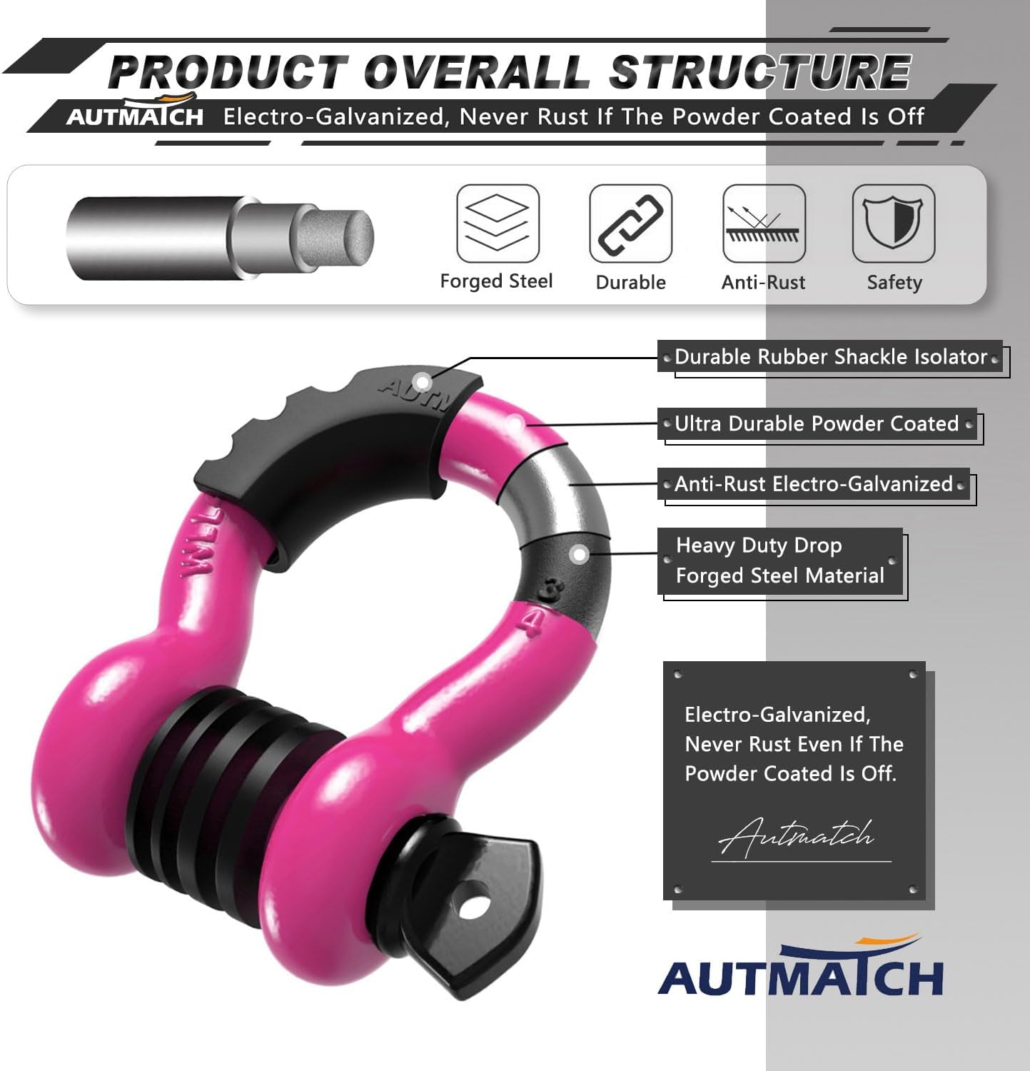 AUTMATCH D Ring Shackle 3/4" Shackles (2 Pack) 41,887Ibs Break Strength, Clevis Shackle with 7/8" Screw Pin and Shackle Isolator Washers Kit for Tow Strap Winch Off Road Vehicle Recovery, Pink