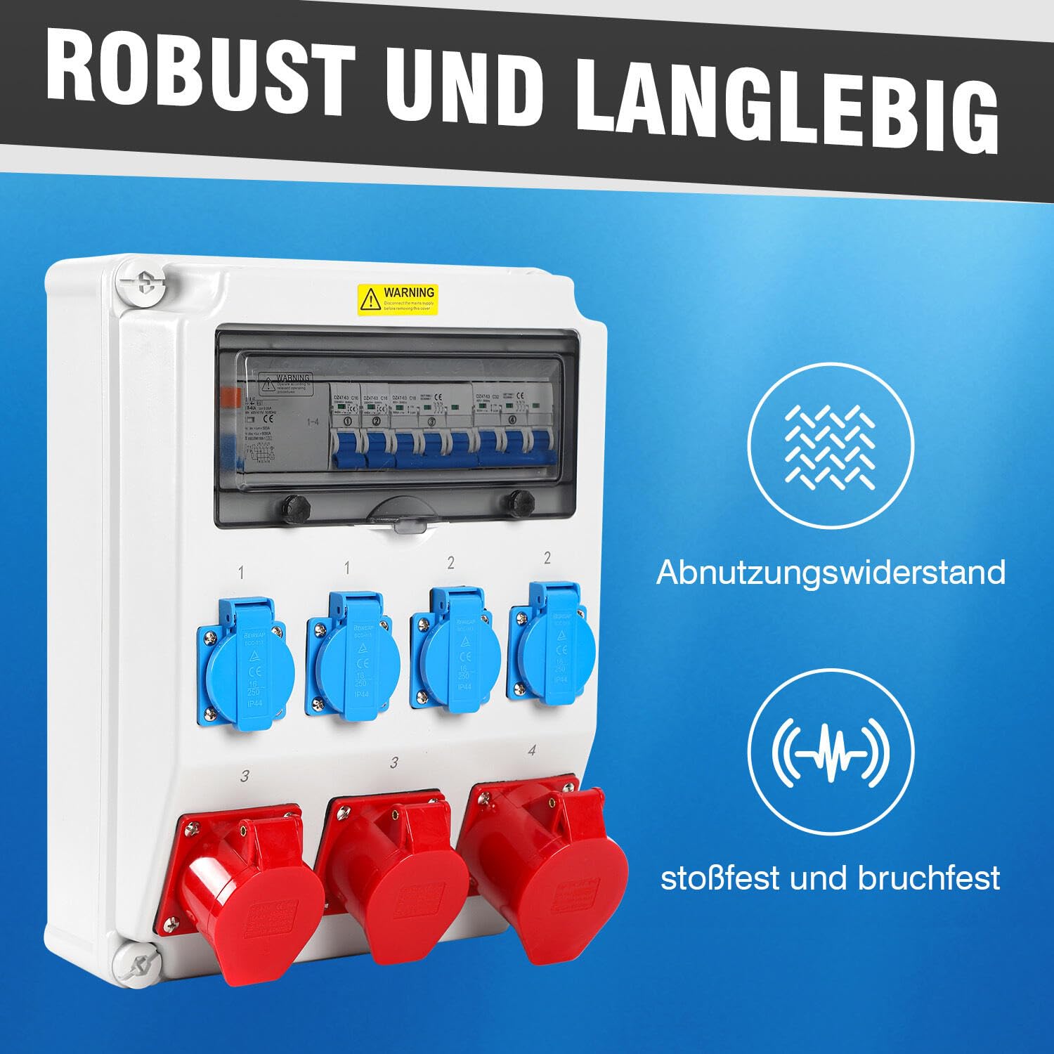 Wandverteiler mit Leitungsschutzschalter und FI,5 Polig Baustromverteiler mit 4xSchuko-Steckdose und CEE-Steckdose 16/32A Stromverteiler für Innen und Außen