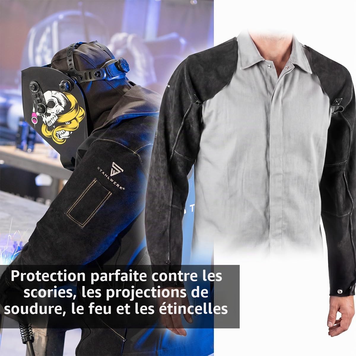 STAHLWERK Manches pour soudeurs | Manchettes pour soudeurs | Manchettes de protection pour soudeurs | Vêtements de protection pour soudeurs avec bretelles en cuir croûte de haute qualité