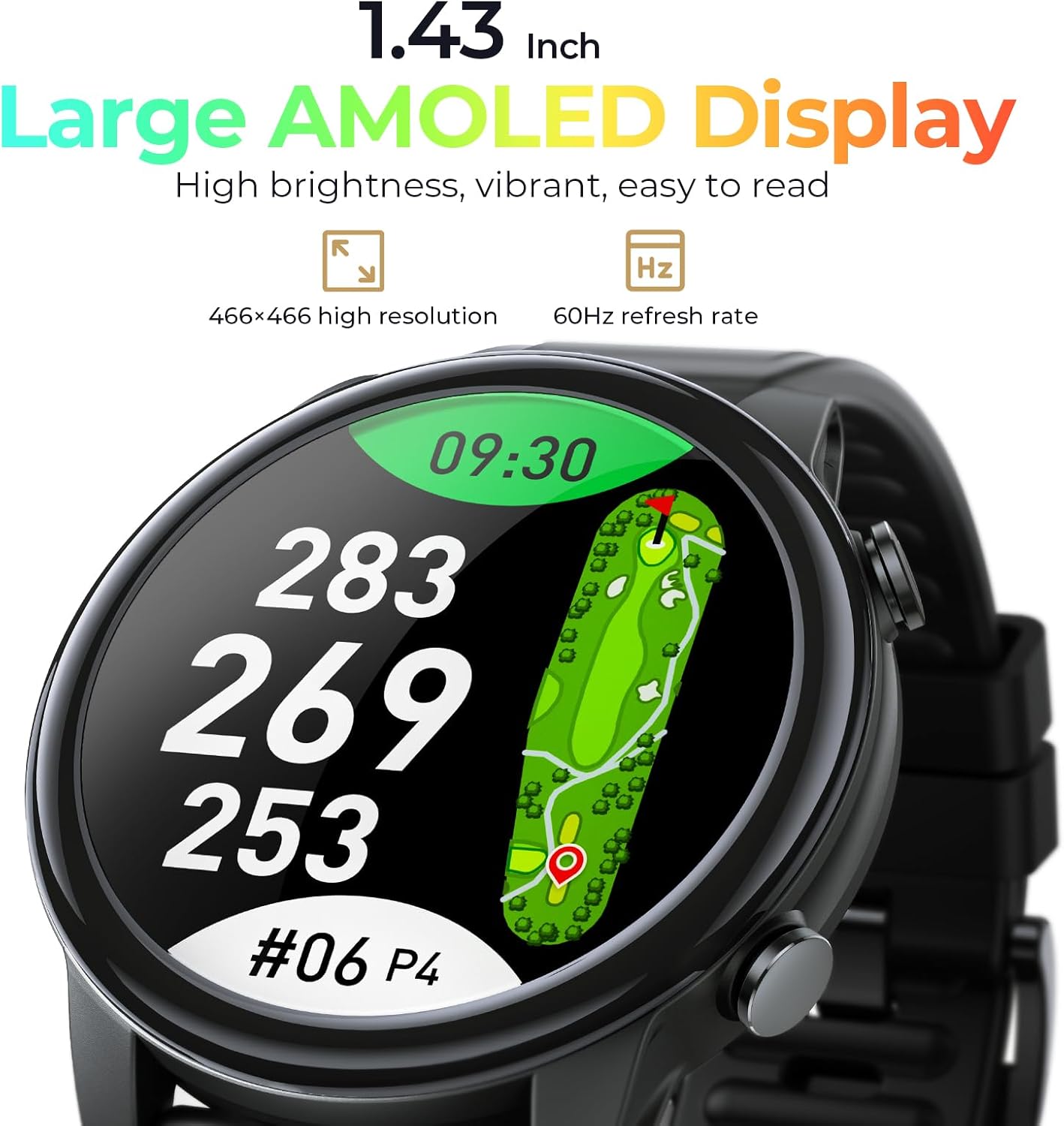 Golf GPS Watch, 1.43" AMOLED Touchscreen Display, Lightweight Golf Watch with 40,000+ Preload Courses, Green View, Slope Mode, 6 Hazard Distances, Long Battery, App Sync, Golf Watches for Men