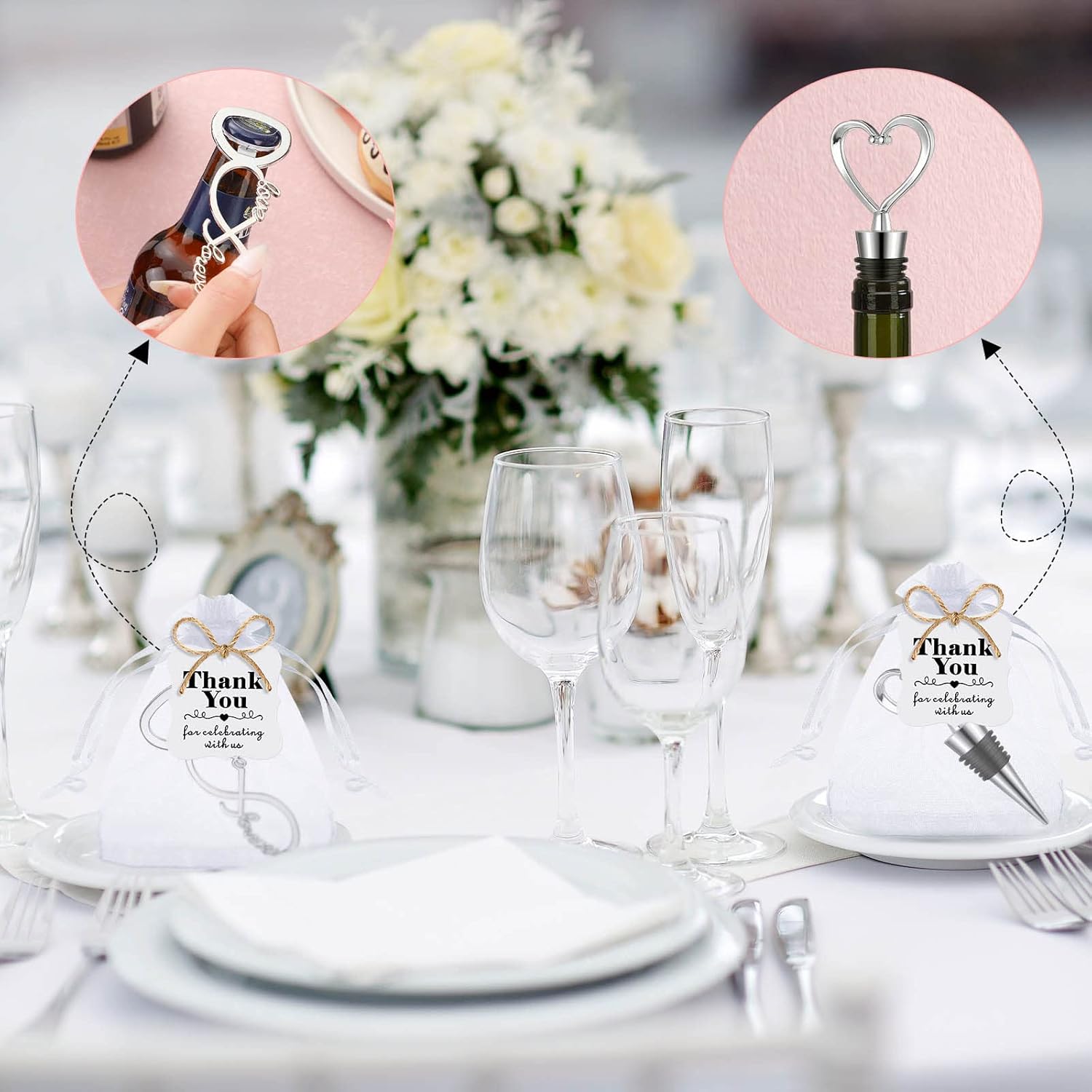 Tanlade 60 Pcs Wedding Party Favors for Guests Wine Stopper and Opener Love Set Love Forever Bridal Shower Favors with 100 Tags 60 Mesh Bags for Wedding Party Souvenir Decorations Supplies (Silver)