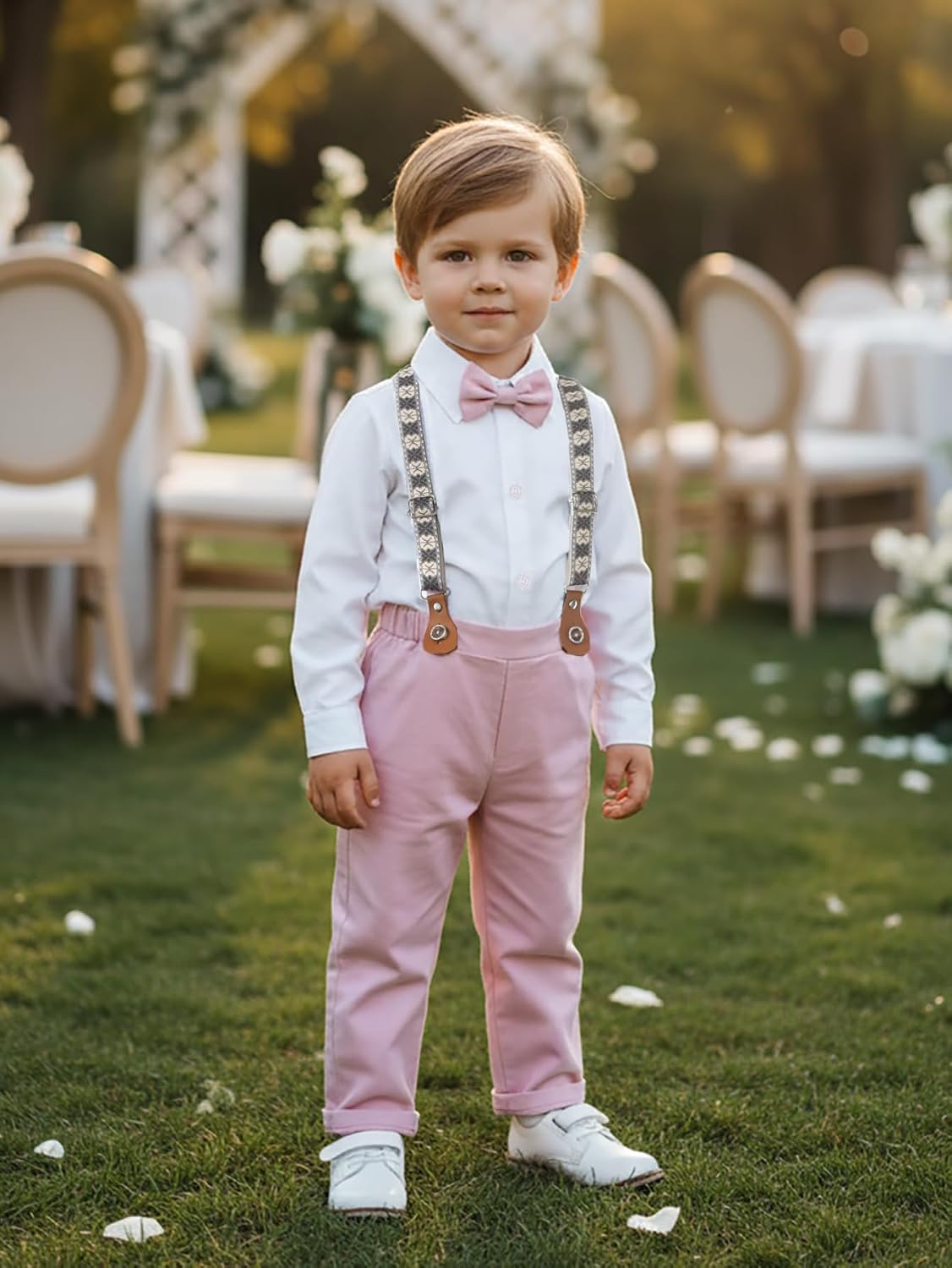 Boarnseorl Baby Boys Pants Sets, Infant Long Sleeve Shirt + Pants + Bow Tie + Suspenders Outfits