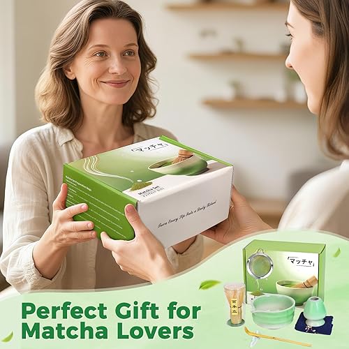 Miniatura 7 de Evoio Juego de matcha, 10 piezas de batidor japonés de matcha con cuenco de cerámica, batidor de bambú, tamiz inoxidable, cuchara y soporte, regalo