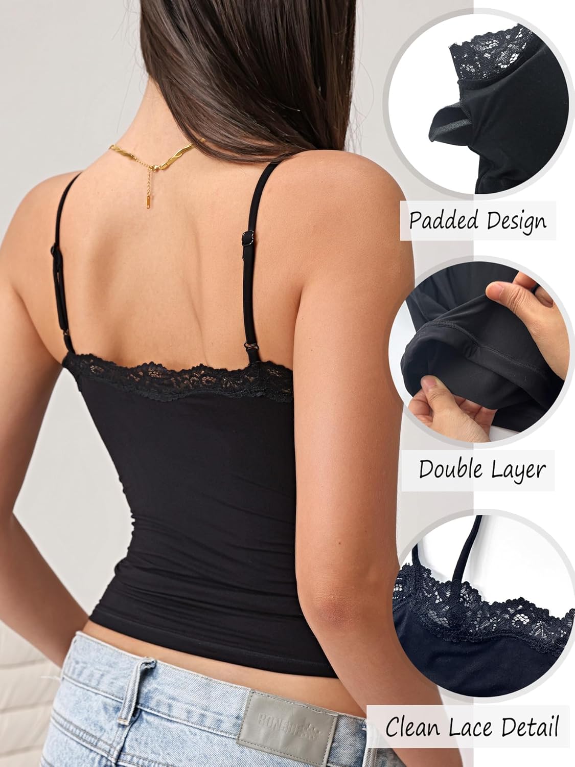 Starrylion Padded Lace Cami Top Double Lined Sexy Tank Top Spaghetti Strap Club Party Shirt - Image 5