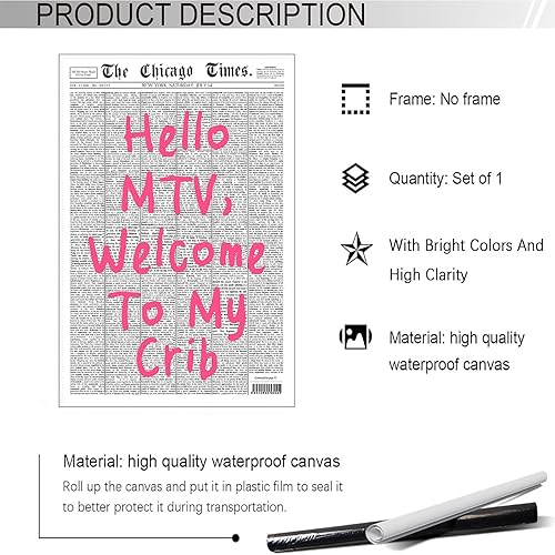 Miniatura 2 de Retro Hello Mtv, póster de bienvenida a mi cuna, lienzo de periódico con fuente rosa, arte de pared de los años 70, en blanco y negro, impresiones