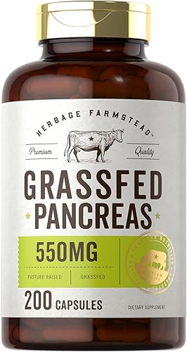 Miniatura 1 de Carlyle Herbage Farmstead - Páncreas de carne alimentada con pasto | 550 mg | 200 cápsulas | Suplemento bovino criado en pasto desecado | Sin OMG,