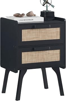 Lerliuo Rattan Night Stand for Bedroom, 2 Drawers | Black Bed Side End Tables with Solid Wood Legs, Bedside Table for Bedroom, Dorm and Small Spaces