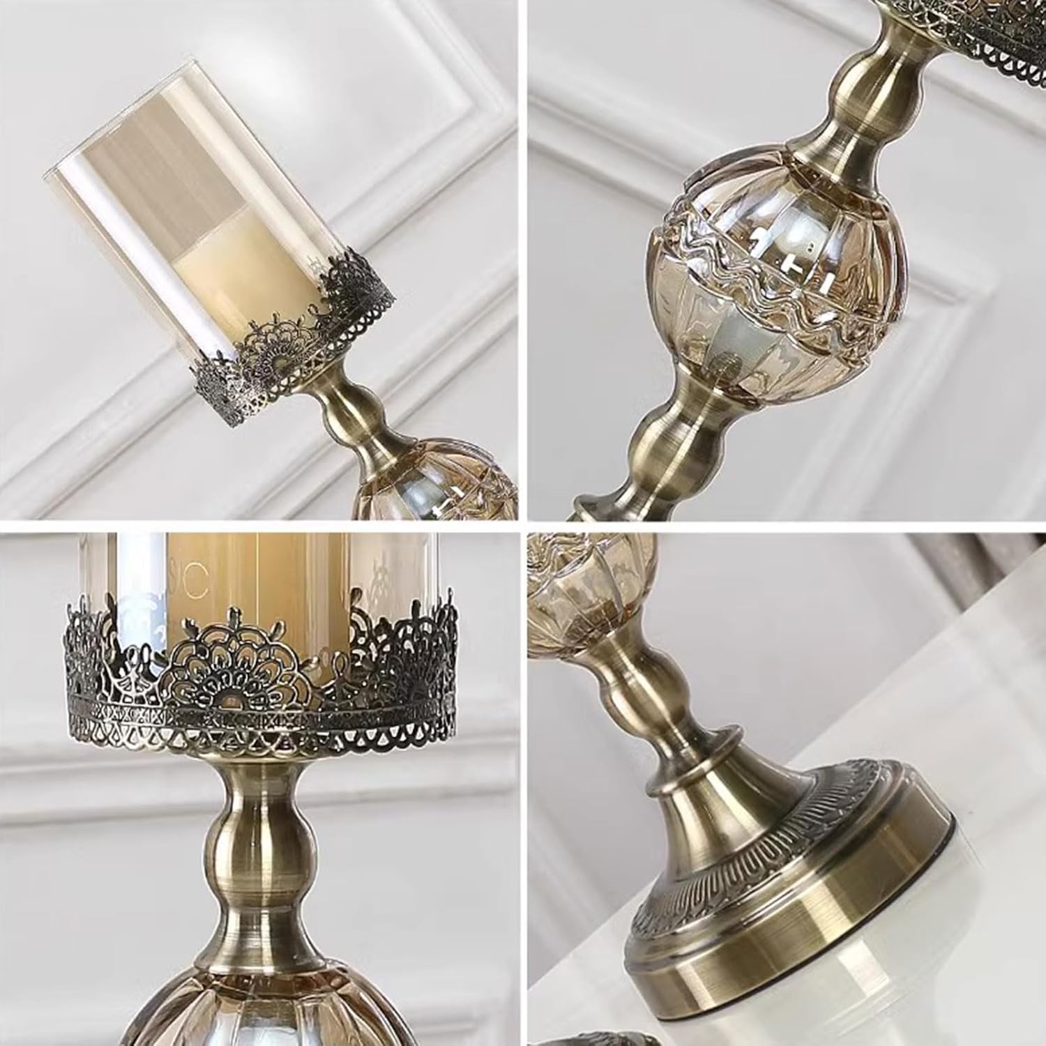 Bronze Metal Candelabra Clear Glass Hurricane Candle Holder Modern Candle Stand Decorative Candle Holders for Mantel Christmas Wedding Home Decor,16.9“ Tall