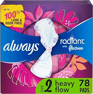 Radiant Feminine Pads for Women, Flexfoam Pads with Wings, Size 2, Heavy Absorbency, Lightly Scented, 78 Count (3 Packs of 26)