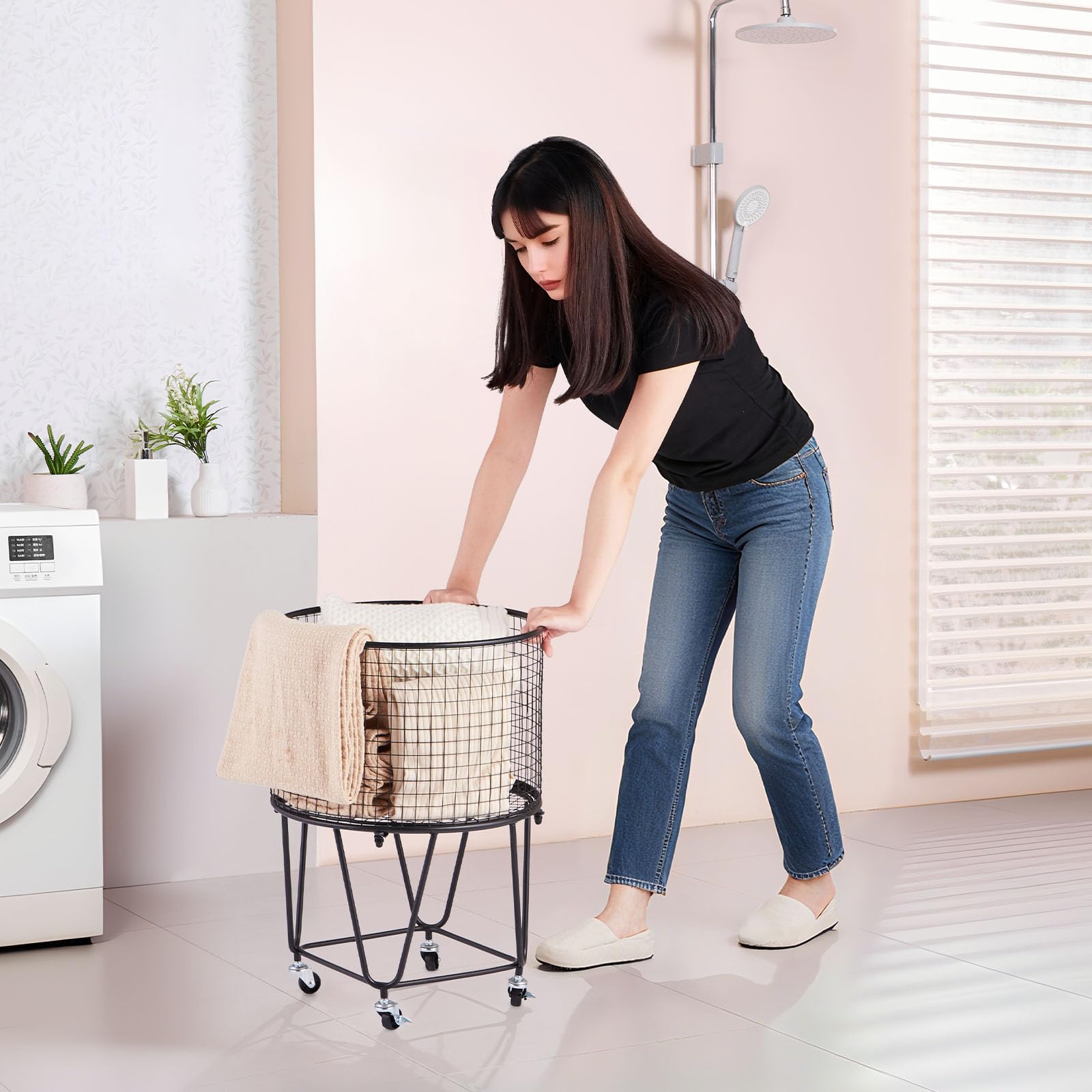 VEVOR Chariot à linge rond et mobile avec roues pivotantes à 360°, panier à linge, charge de 27,2 kg, capacité de 40 L chariot de courses robuste en acier carbone pour camping, épicerie et bagages