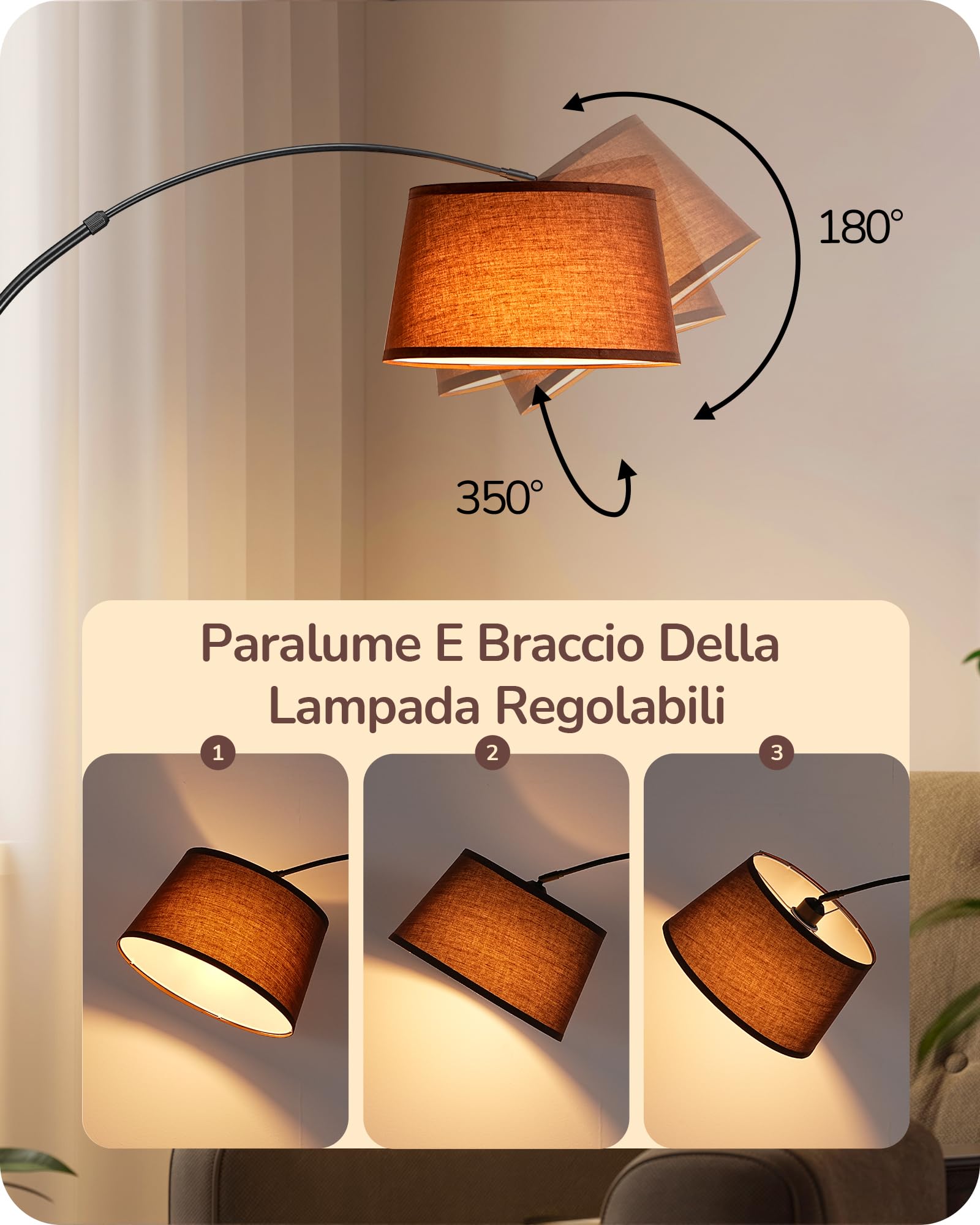 EDISHINE Lampada da Terra per Soggiorno, Altezza Regolabile 143-176 cm, Lampada ad Arco con Testa Rotante, Struttura in Metallo, Telecomando Magnetico, Dimmerabile, Attacco E27 con LED 9W Inclusa