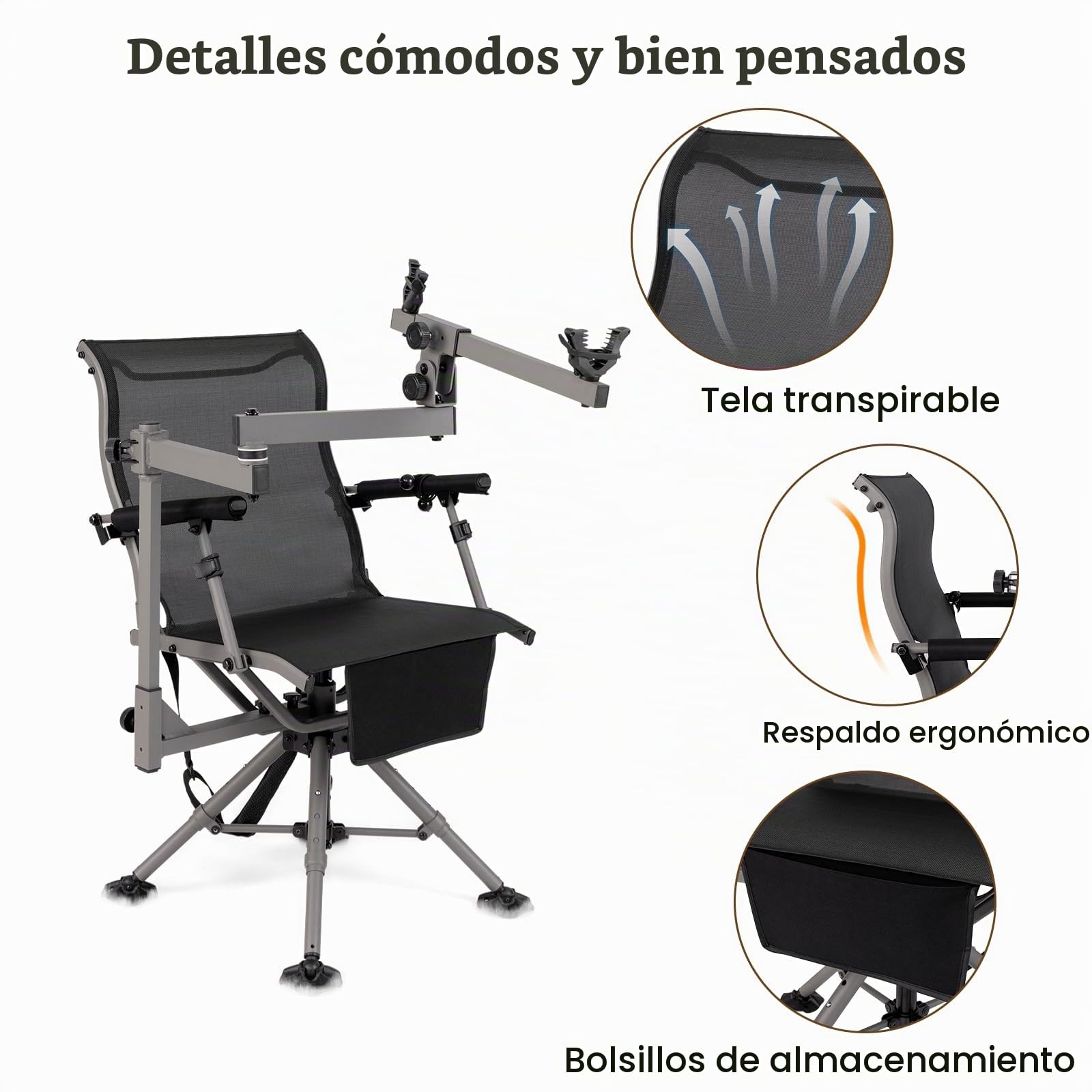 KOMFOTTEU Silla de Caza Giratoria 360°, Silla Plegable de Exterior con Soporte para Rifle Ajustable y Patas Ajustables, Asiento de Francotirador con Bolsillo de Transporte, Carga 150 kg (Modelo II)