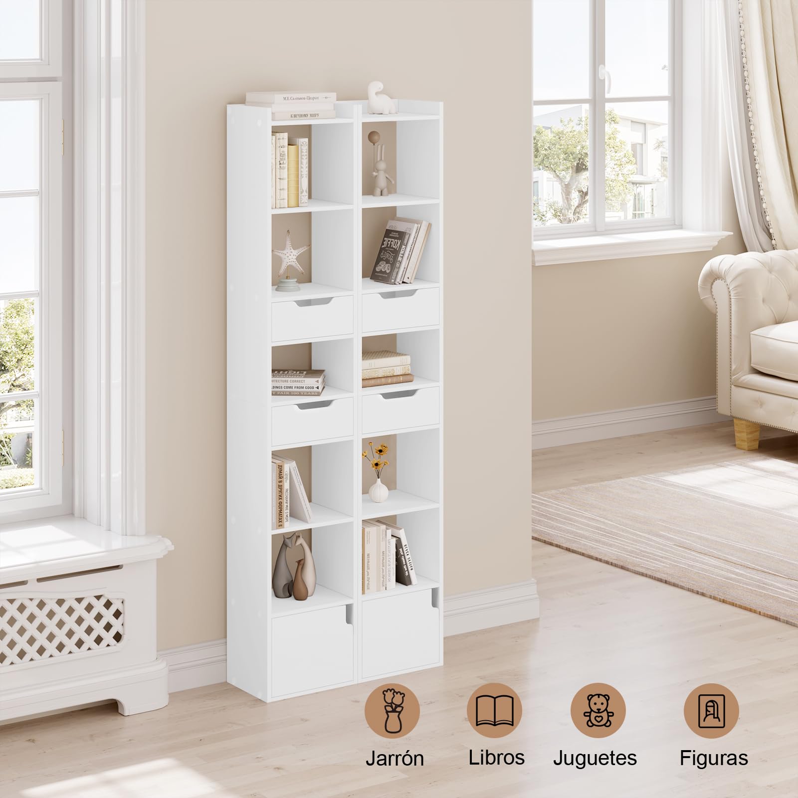 WOLTU Estanteria Alta de 6 Compartimentos, Libreria con 2 Cajones y 1 Armario con Puerta, Estante de Almacenaje, Estantería de Piso para Salon y Oficina, Blanco, SK042ws