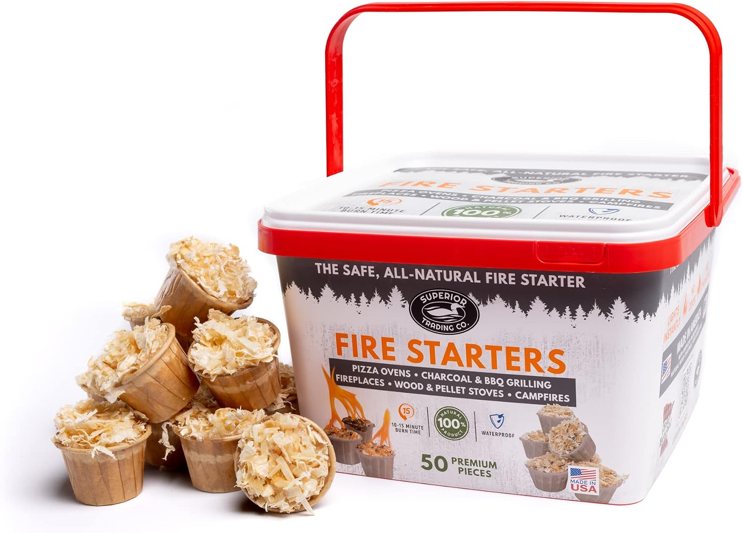 Superior Trading Fire Starter Pods in Plastic Bucket - Fire Starters for Campfires, BBQ, Grill, Pit, Wood Stove & Charcoal Starter, 15-20-Min Burn, 50 Extra Large Pods, USA Made, Brown, 3 Lbs