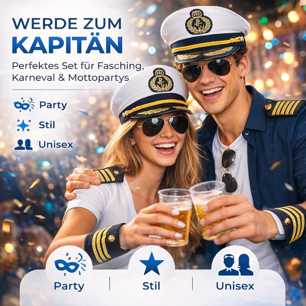 Zestaw kostiumowy Kapitan, z czapką kapitana czapką marynarską czapką żeglarską w stylu marynarskim, okularami pilota, mankietami na karnawał i imprezy kostiumowe dla kobiet i mężczyzn