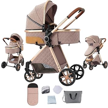2 in 1 Baby Stroller, Convertible Reversible Infant Stroller, Newborn Travel Pram with One-Click Folding, Toddler Standard Carriage 225 Khaki