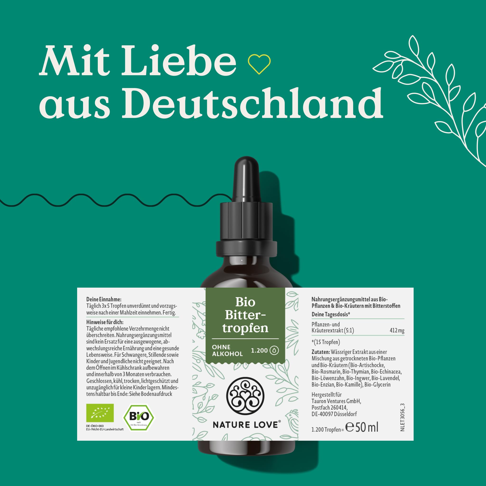 NATURE LOVE® Bio Bittertropfen ohne Alkohol nach Hildegard von Bingen (50ml) - hochdosierte Bitterstoffe Tropfen als 5:1 Extrakt aus erlesenen Kräutern und Pflanzen - vegan, laborgeprüft