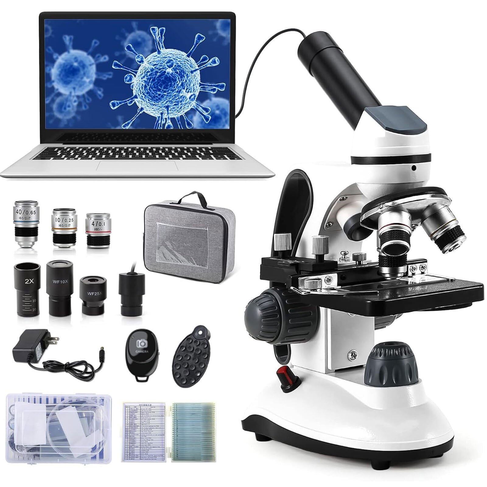 40X-2000X Microscopes for Kids Students Adults, with Microscope Prepared Slides 30p, 2.0 mp Camera, Microscope Accessories, Phone Adapter, Microscopes for School Laboratory Home Education
