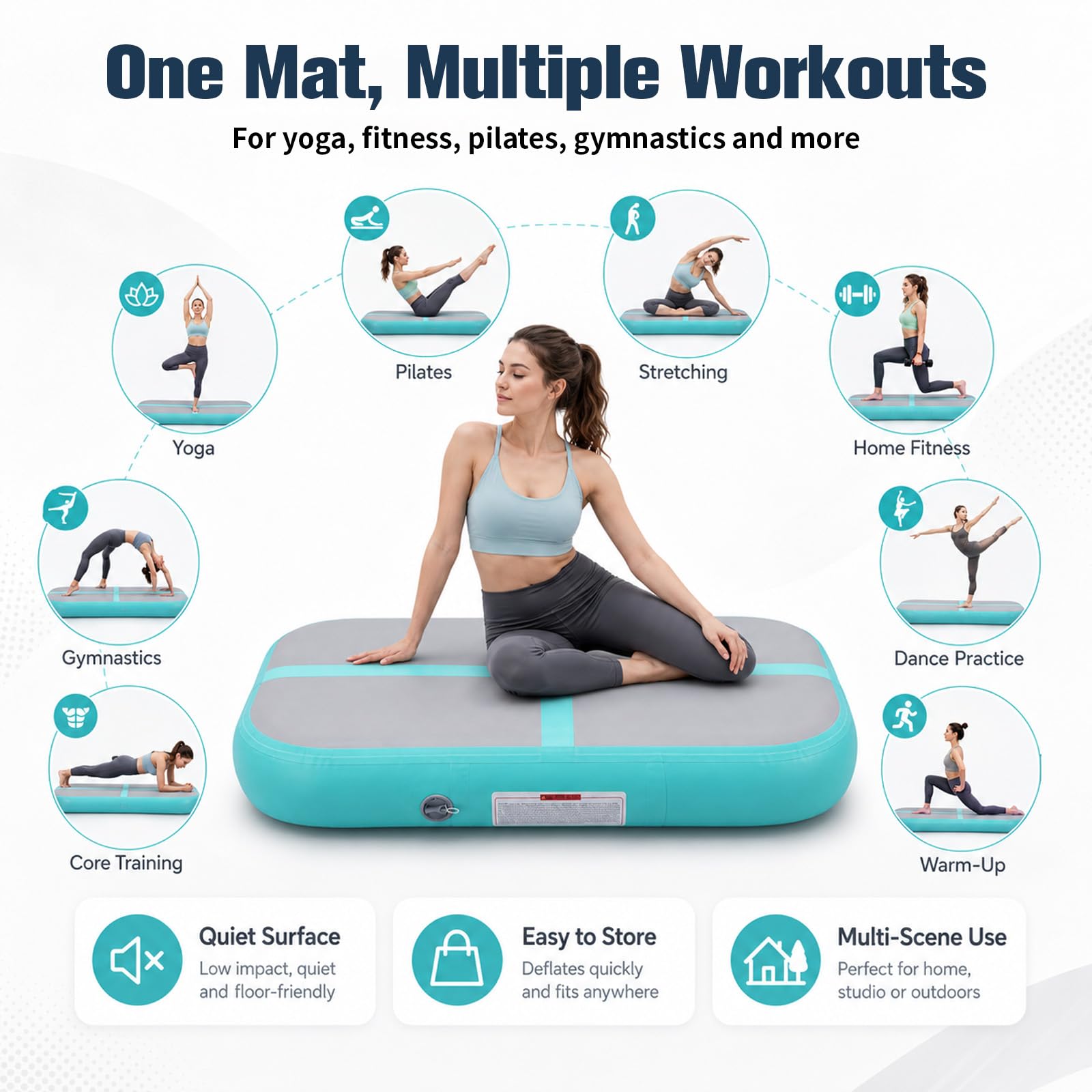 Aufblasbare Gymnastikmatte, Yogamatte Luftkissen Turnmatte aus PVC mit Pumpe, Tragbare Gymnastikblock-Matte mit Tragegriffen, Trainingsmatte für Pilates, Gymnastik, Kampfsport (1 * 1 * 0.2m)