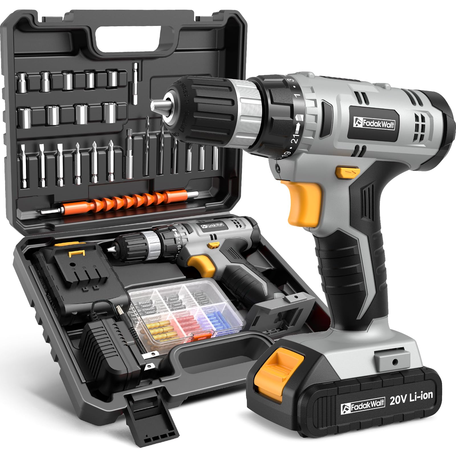 FADAKWALT Cordless Drill Set, 20V Electric Power Drill With Battery And Charger, 30N Torque, 21+1 Settings, 3/8-Inch Keyless Chuck, Driver Bits Kit, LED Light (Grey）