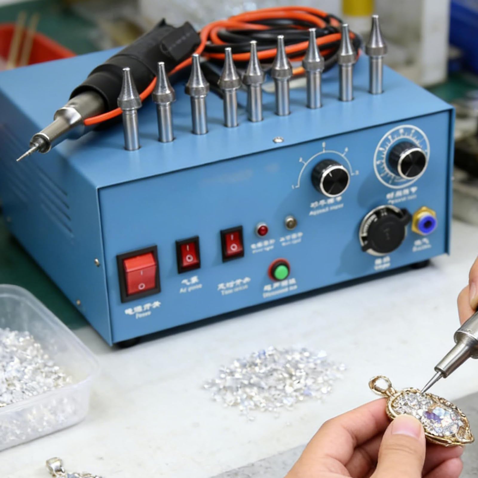 HTDRE Pearl Rhinestone Press Fixing Machine Hot Fix Wand Setter Built-In Vacuum 0.1-0.3s Welding 8 Tip Sizes No Glue Needed for Clothing Bags DIY Crafts
