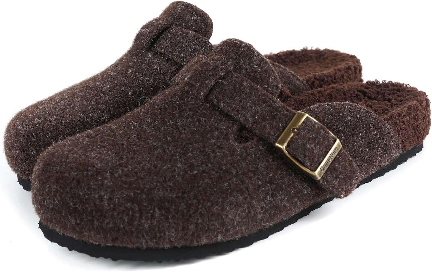 Dumalum Clogs for Women Mens Fleece Lined Slip-On Sandals Womens Slipper with Fur Cork Footbed and Adjustable Buckle Brown