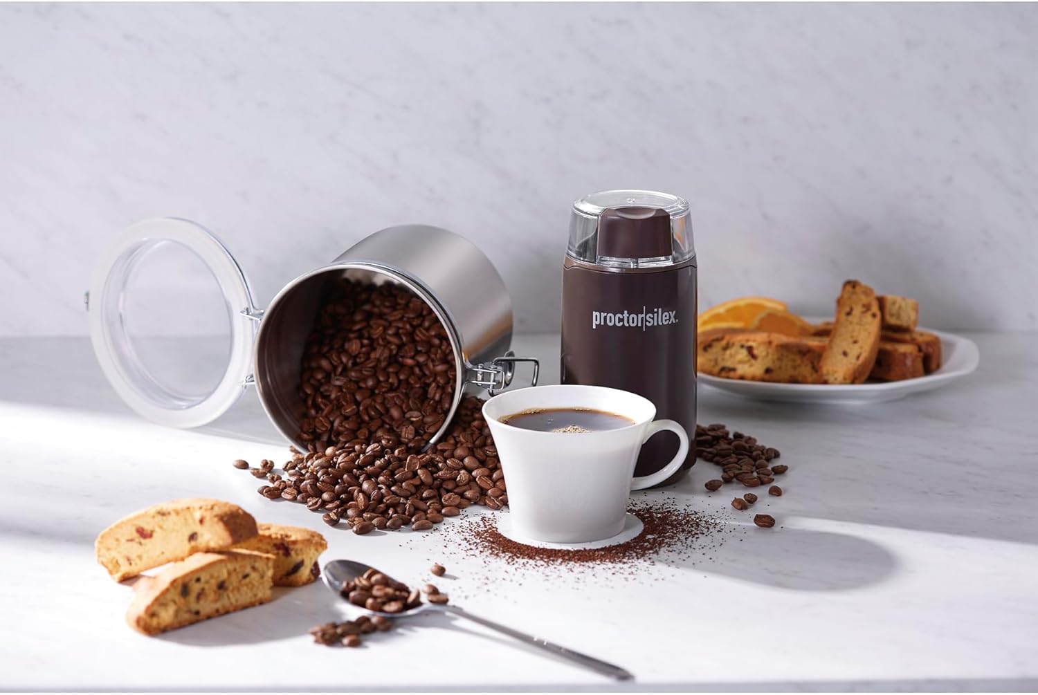 Proctor Silex Electric Coffee Grinder for Beans, Spices and More, Stainless Steel Blades, 12 Cups, Brown