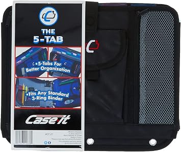 Case It 5-Tab Binder Accessory, 5-colored tabbed, 6 pocket expanding file, fits any standard 3 ring letter size binder, additional zippered mesh pockets for pen storage, ACC-21, Black