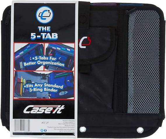 Case It 5-Tab Binder Accessory, 5-colored tabbed, 6 pocket expanding file, fits any standard 3 ring letter size binder, additional zippered mesh pockets for pen storage, ACC-21, Black