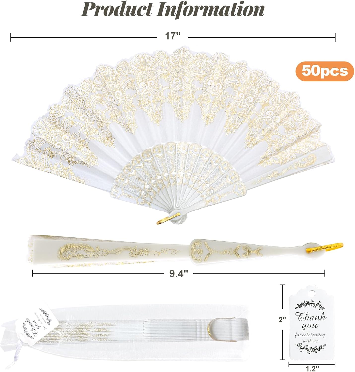 Handheld Chinese Folding Fan Hand Fans for Women Foldable Bulk for Party Wedding Church Dancing (50 Pack White)