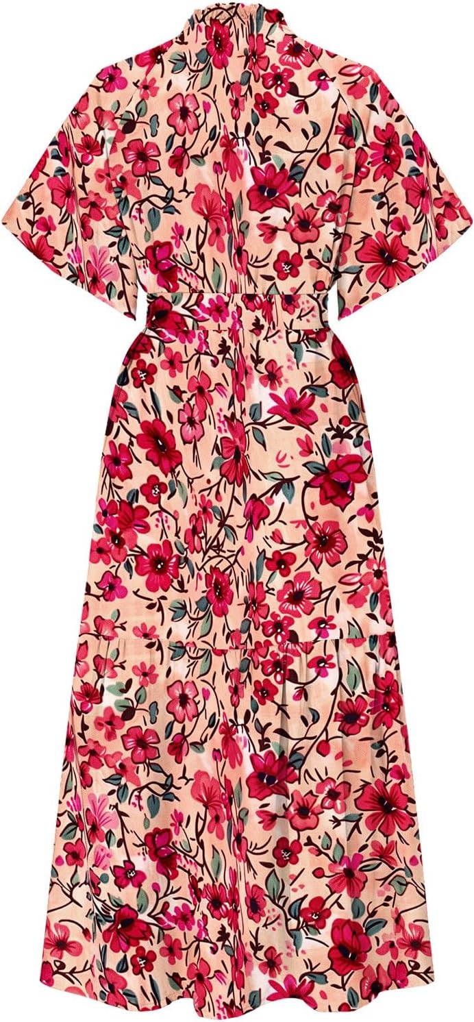 Womens Floral Print Maxi Dress Casual Puff Sleeve V Neck Summer Dresses Button Elastic Waist Beach Vacation Clothes
