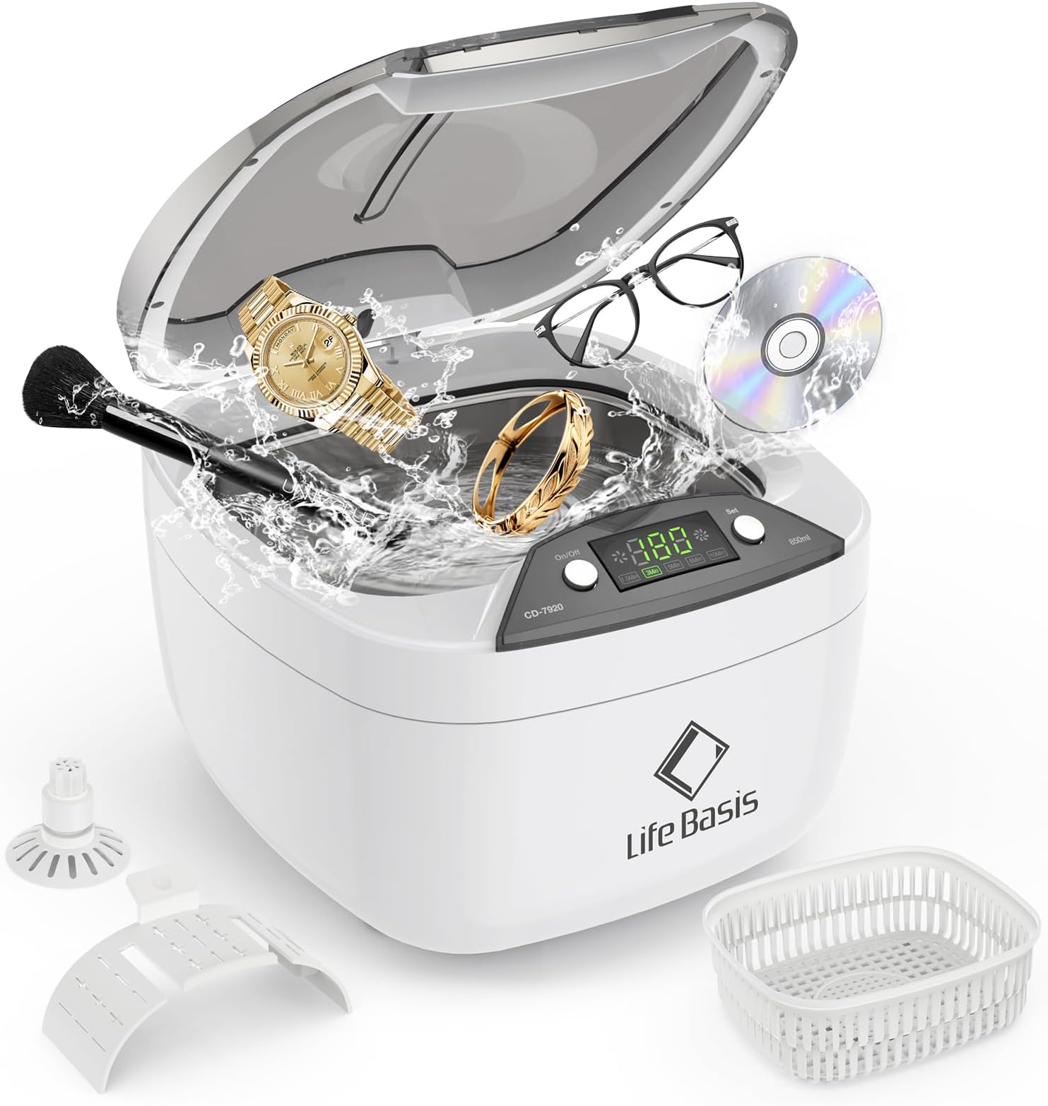Life Basis Ultrasonic Jewelry Cleaner Ultrasonic Cleaning Machine 850ml (28 Ounces) LCD Screen with 5 Digital Timer Watch Stand CD Holder for Ring Jewelry CD DVD Watches Glasses Makeup Brush