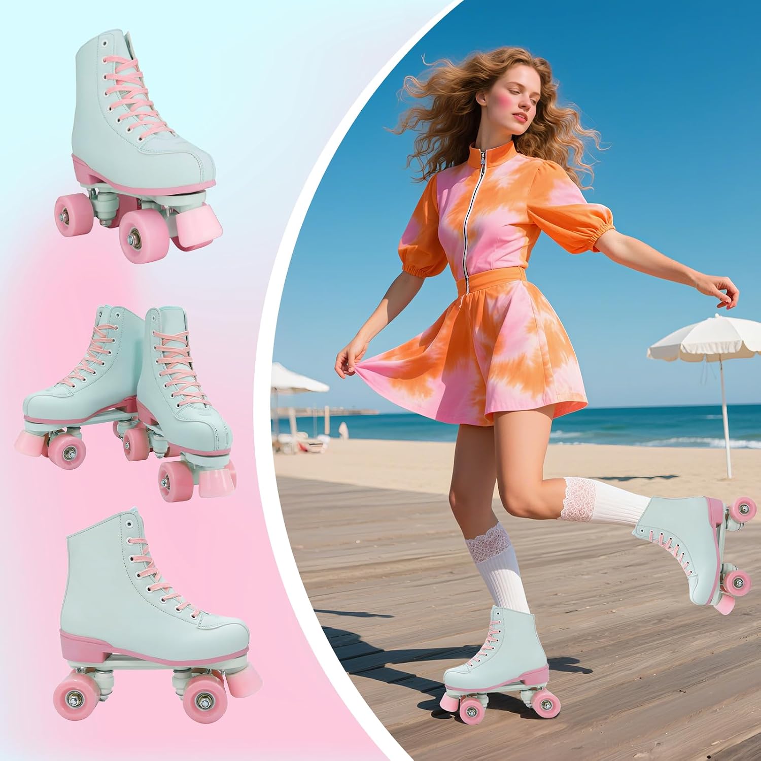 Gets Women's High-Top PU Leather Roller Skates - Four-Wheel Shiny Skates for Girls Unisex