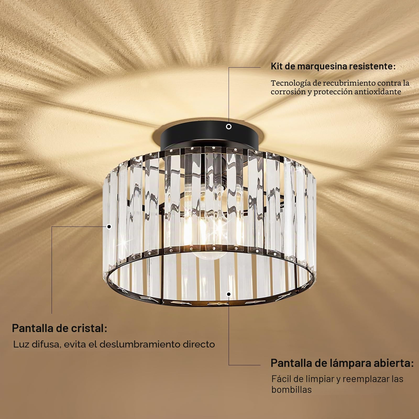 Qamra Kristall Deckenleucht - Lámpara de techo, color negro, cristal, 27 cm, moderno y redondo, para pasillo, entrada, salón, dormitorio, cocina（Bombillas no incluidas）