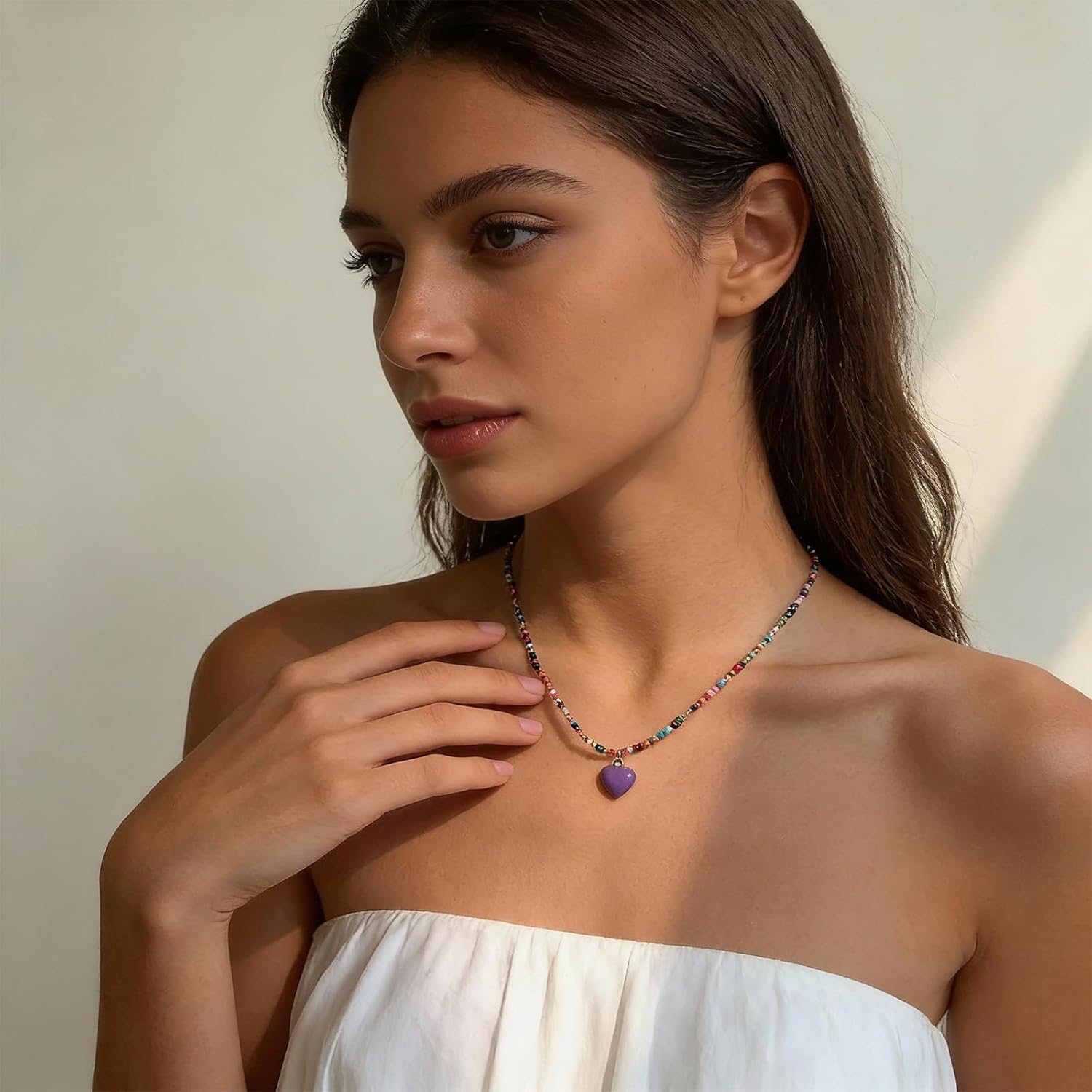 Colorful Beaded Heart Necklace for Women Rainbow Beaded Choker White Yellow Pink Heart Pendant Boho Style - Image 3