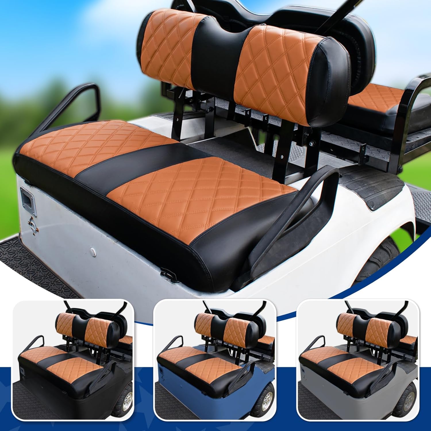 NOKINS 4PCS Golf Cart Diamond Seat Covers Kit,Front and Rear Seat Covers for Club Car Precedent/EZGO TXT/Yamaha Original Regular Seat Cushion (Brown and Black, Fit EZGO TXT 1994-2013)