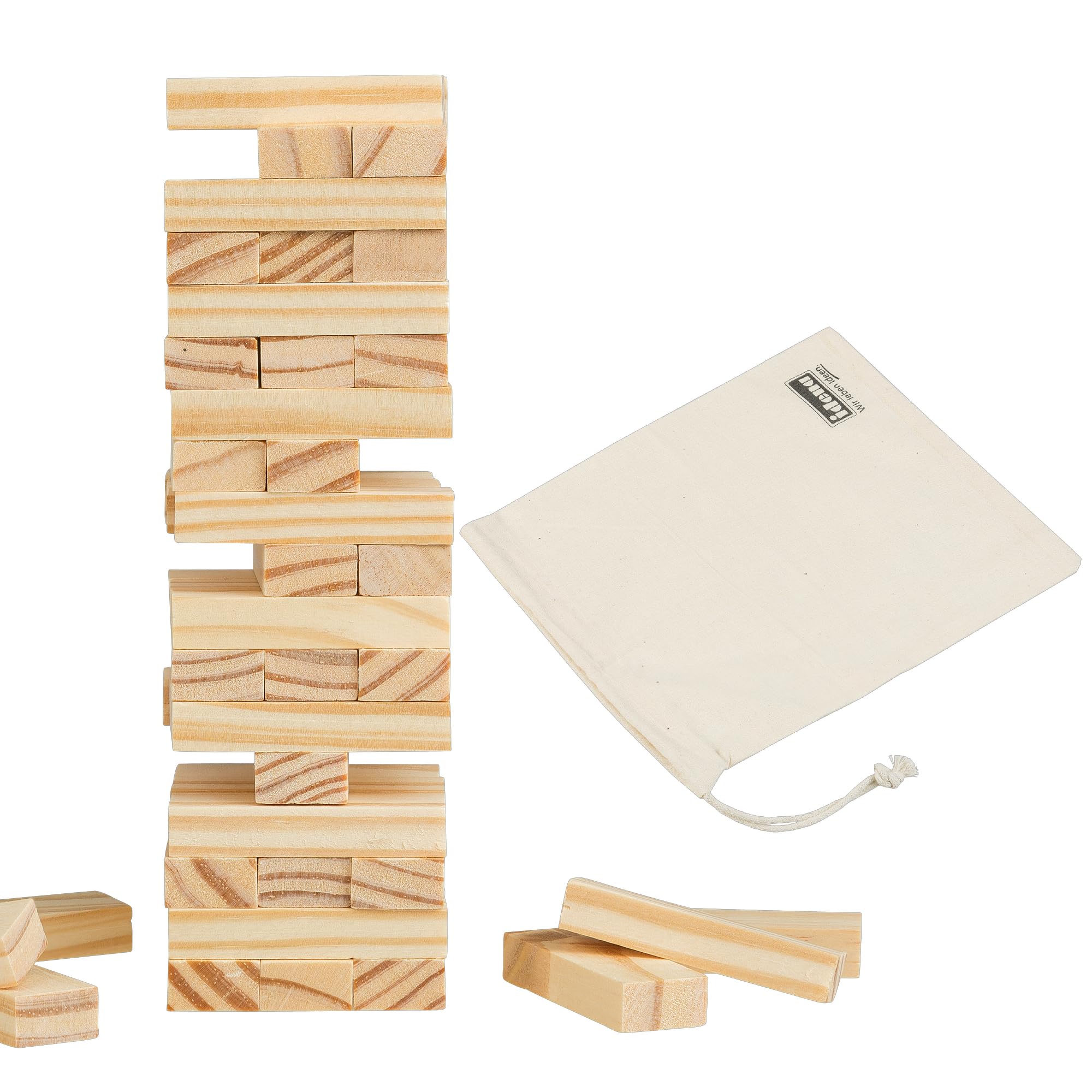 Idena 40088-Juego de Viaje Wackelturm Juego de Habilidad 54 Bloques de construcción y Bolsa de Almacenamiento, Aprox. 4.8 x 4.8 x 14.4 cm Torre apilable Grande, Color Madera Berlin 40088