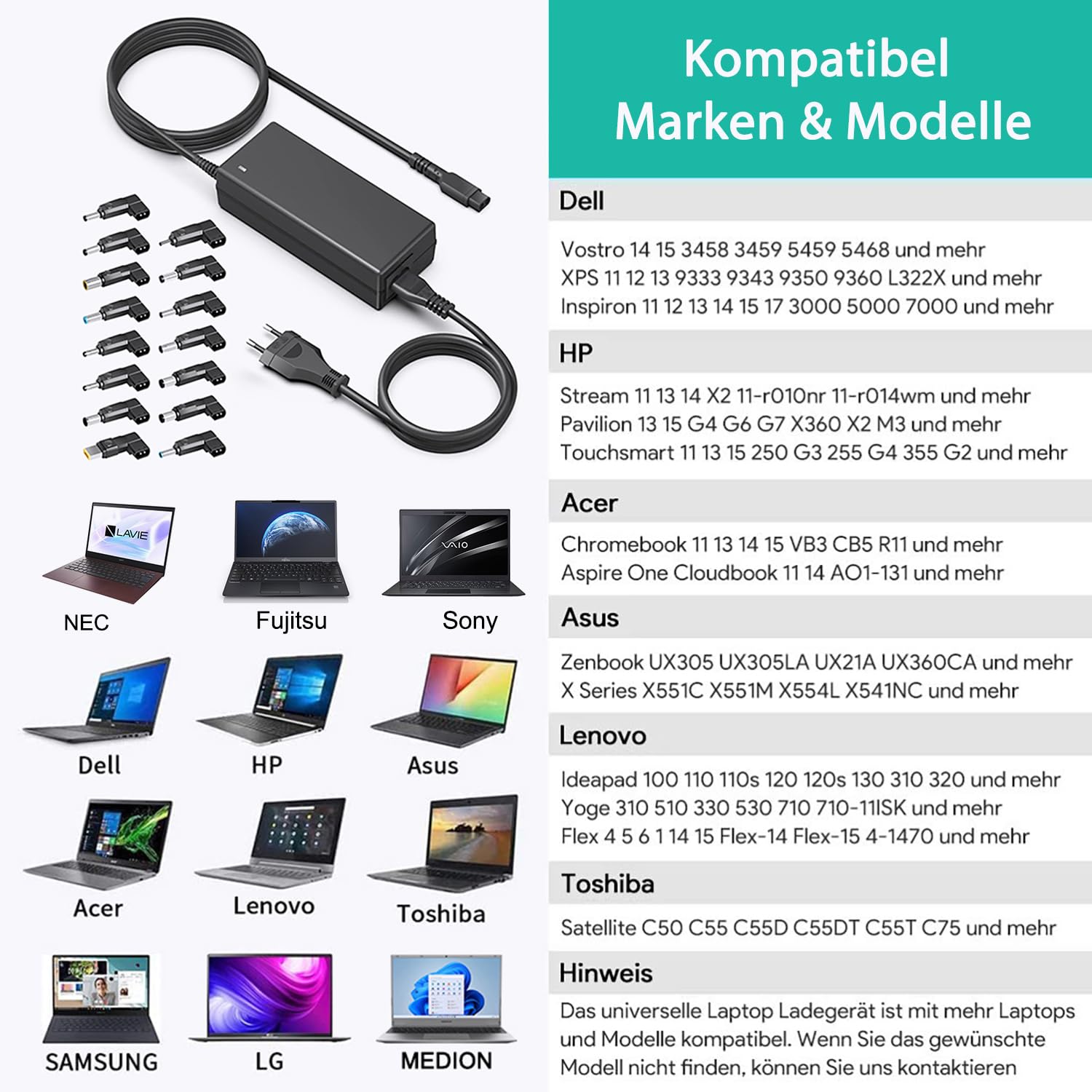 HKY 90 W Universal-Netzteil für Notebook PC Universal tragbar für HP Stream Asus Lenovo Dell Acer Toshiba Sony Fujitsu Siemens MSI Samsung Notebook Ladegerät AC Adapter