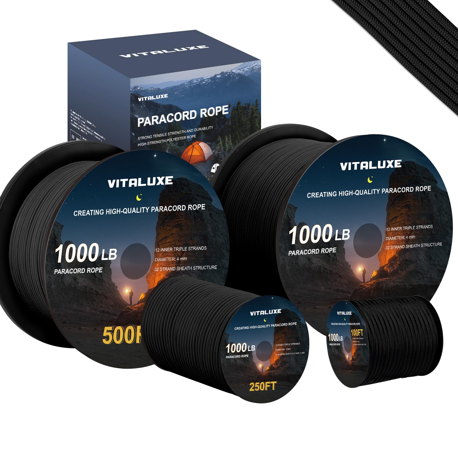 Corde de parachute tactique de 1000 kg avec 12 triples brins, équipement de survie robuste pour camping, randonnée, idéal pour bracelets, cordons, diamètre : 4 mm, noir