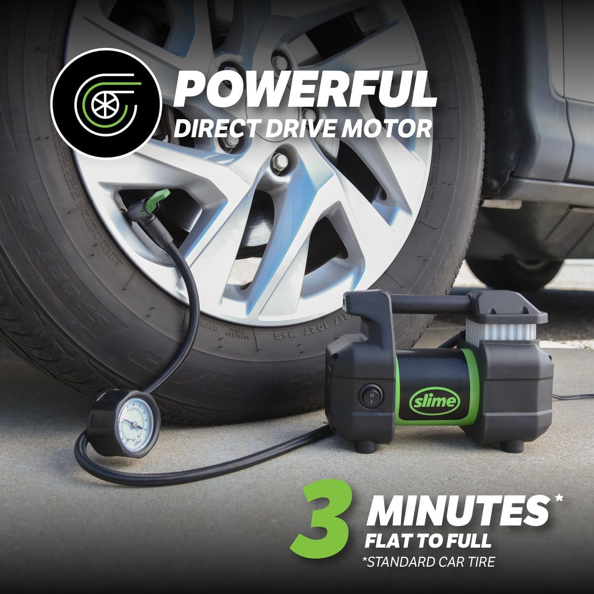 Slime 40031 Tire Inflator, Portable Car, SUV, 4x4 Air Compressor, Pro Power, Heavy Duty, with Analog 150 psi Dial Gauge, Long Hose and LED Light, 12V, 3 min inflation