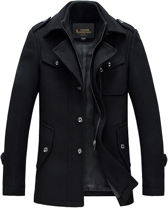 chouyatou Mens Stand Collar Wool-Blend Classic Pea Coat with Removable Inner Collar