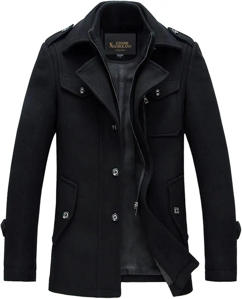 chouyatou Men's Stand Collar Wool-Blend Classic Pea Coat with Removable Inner Collar