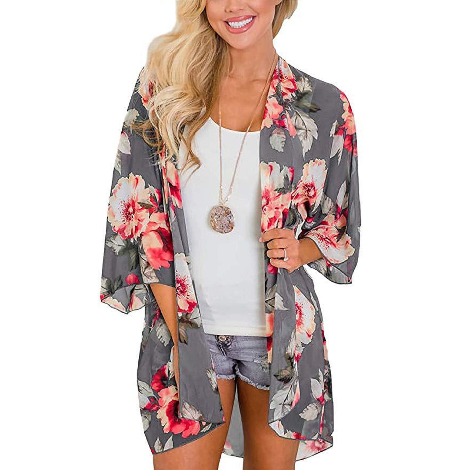 Jarseila Cárdigan Kimonos Mujer Corto Pareos Playa Casual 3/4 Tops Blusa Gasa Cárdigan Floral Bikini Cover Up Blusa Informal Top Verano 2024